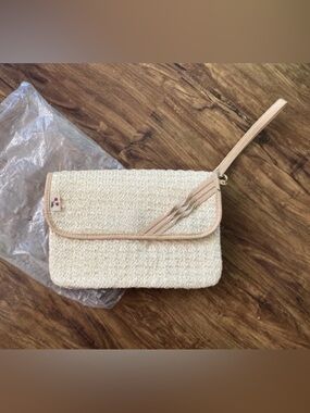 Sarne Cream Woven Clutch Purse with Wrist Strap and Cherry Tag